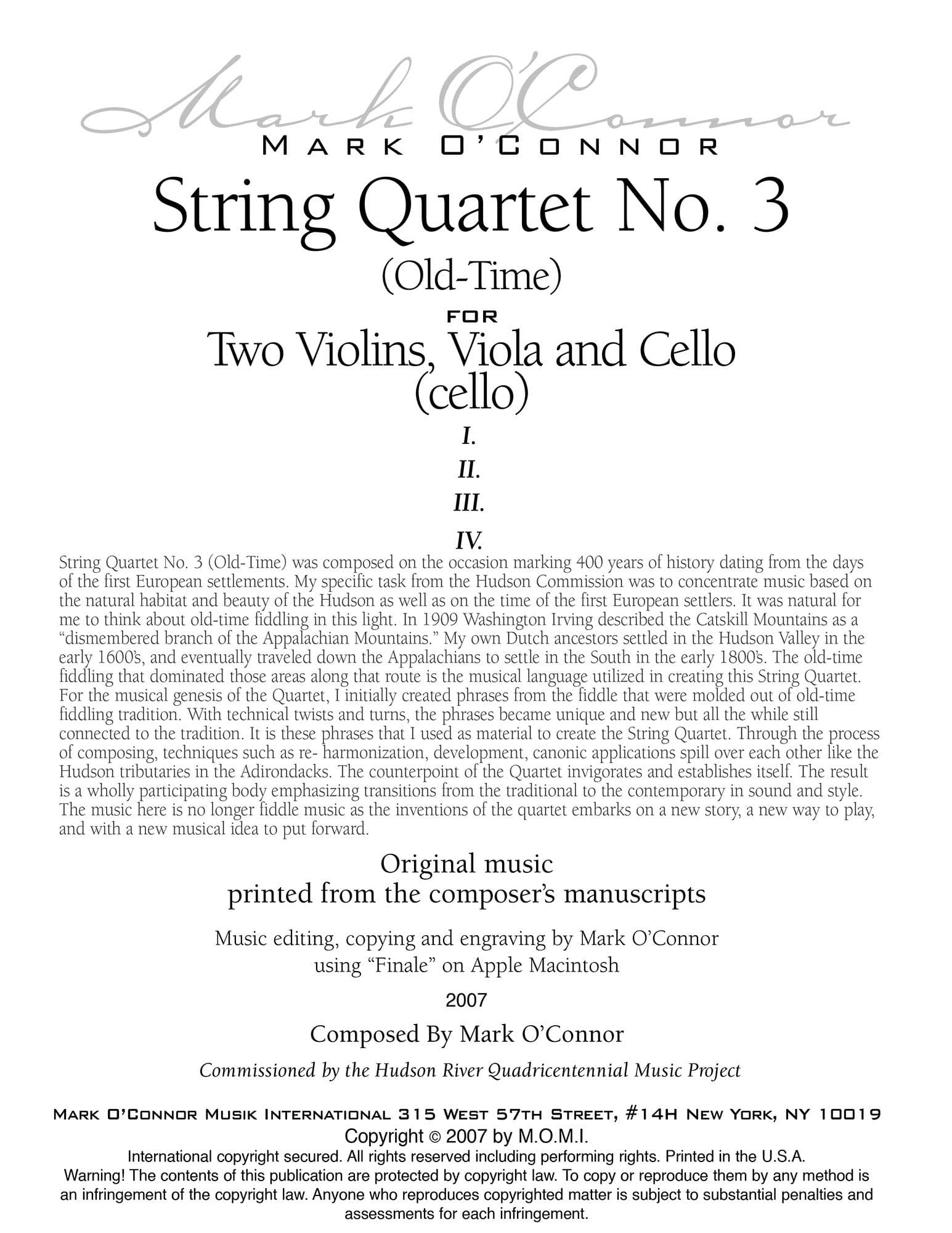 O'Connor, Mark - String Quartet No. 3 (Old-Time) for 2 Violins, Viola, and Cello - Cello - Digital Download - Image 2