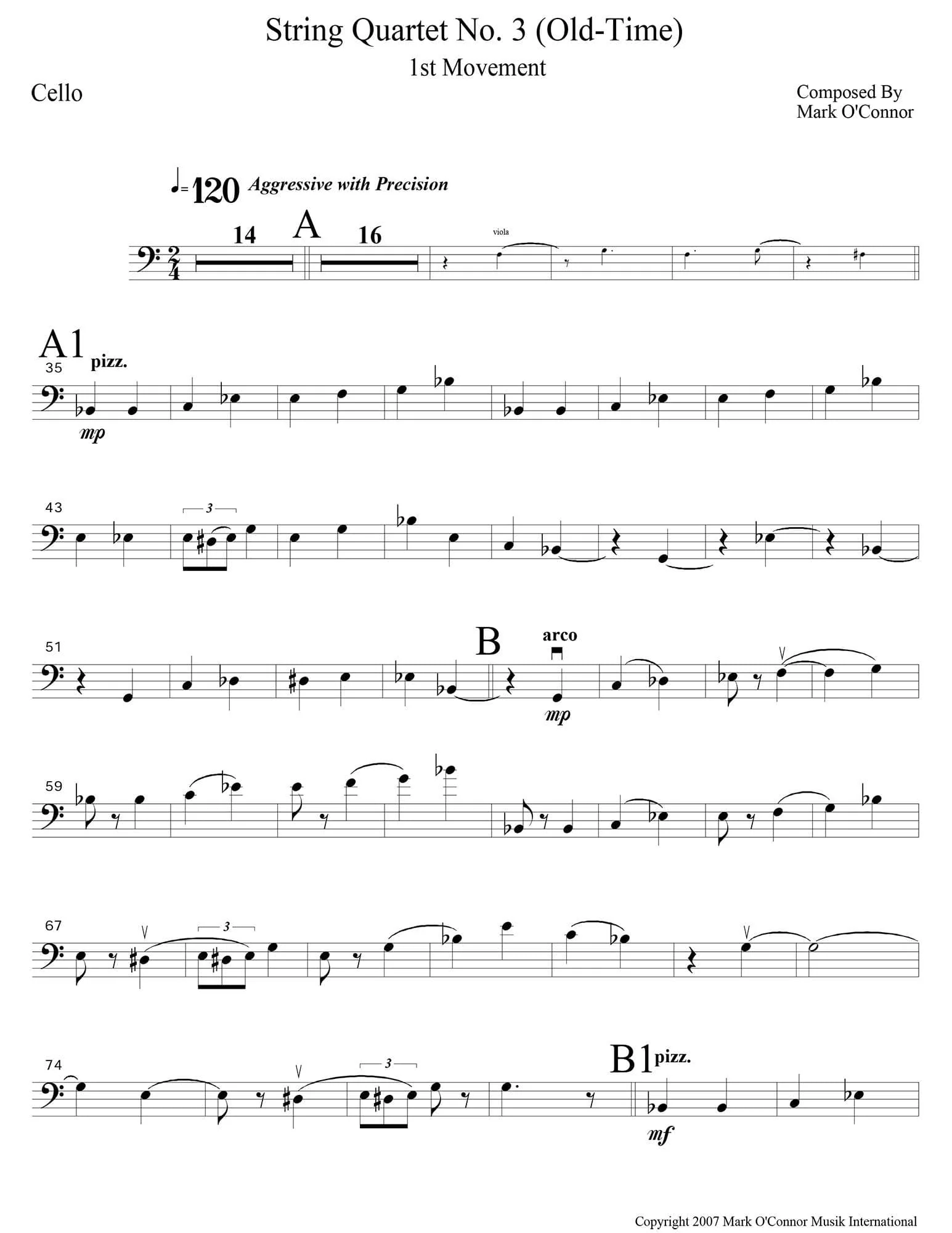 O'Connor, Mark - String Quartet No. 3 (Old-Time) for 2 Violins, Viola, and Cello - Cello - Digital Download - Image 3