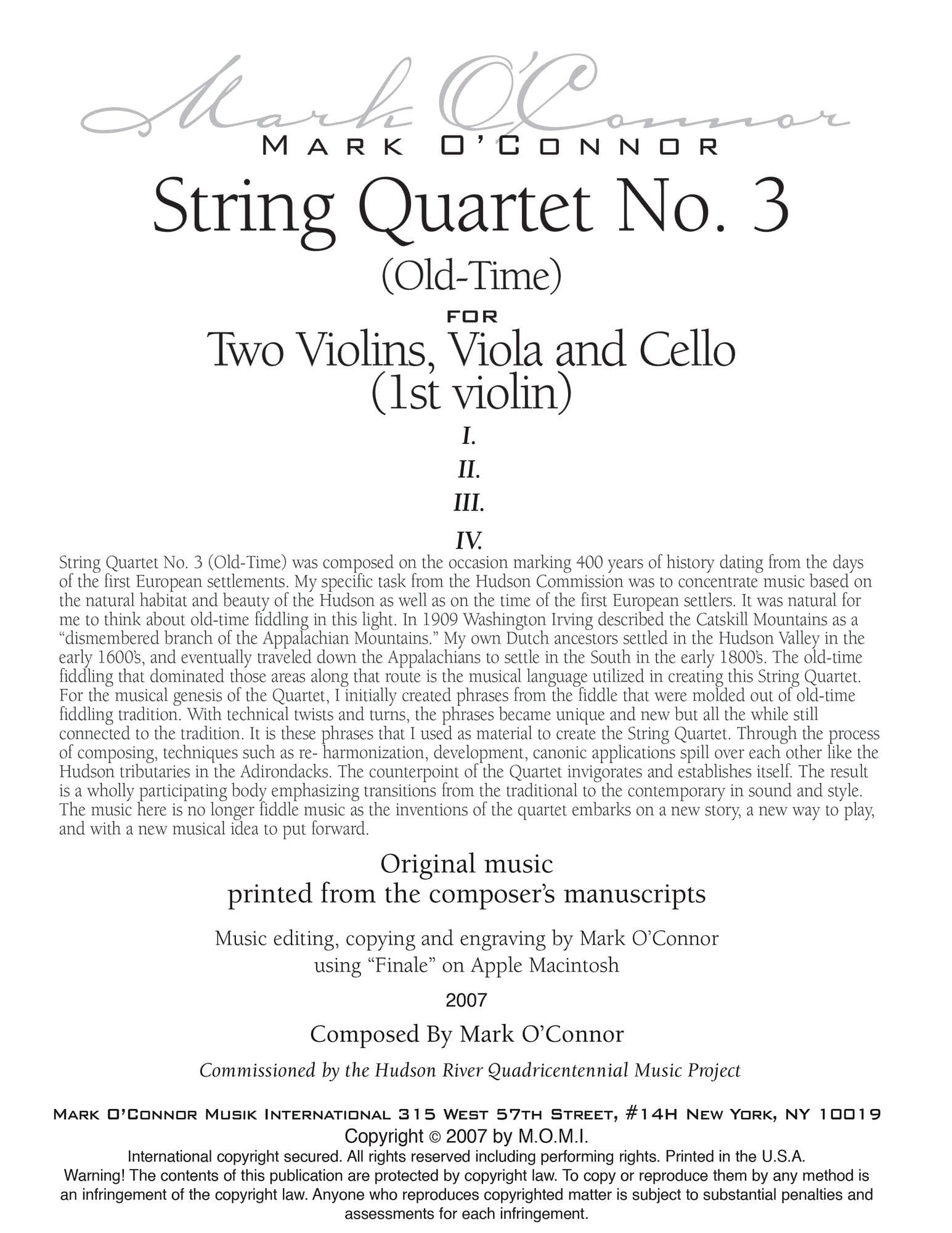 O'Connor, Mark - String Quartet No. 3 (Old-Time) for 2 Violins, Viola, and Cello - Violin 1 - Digital Download - Image 2