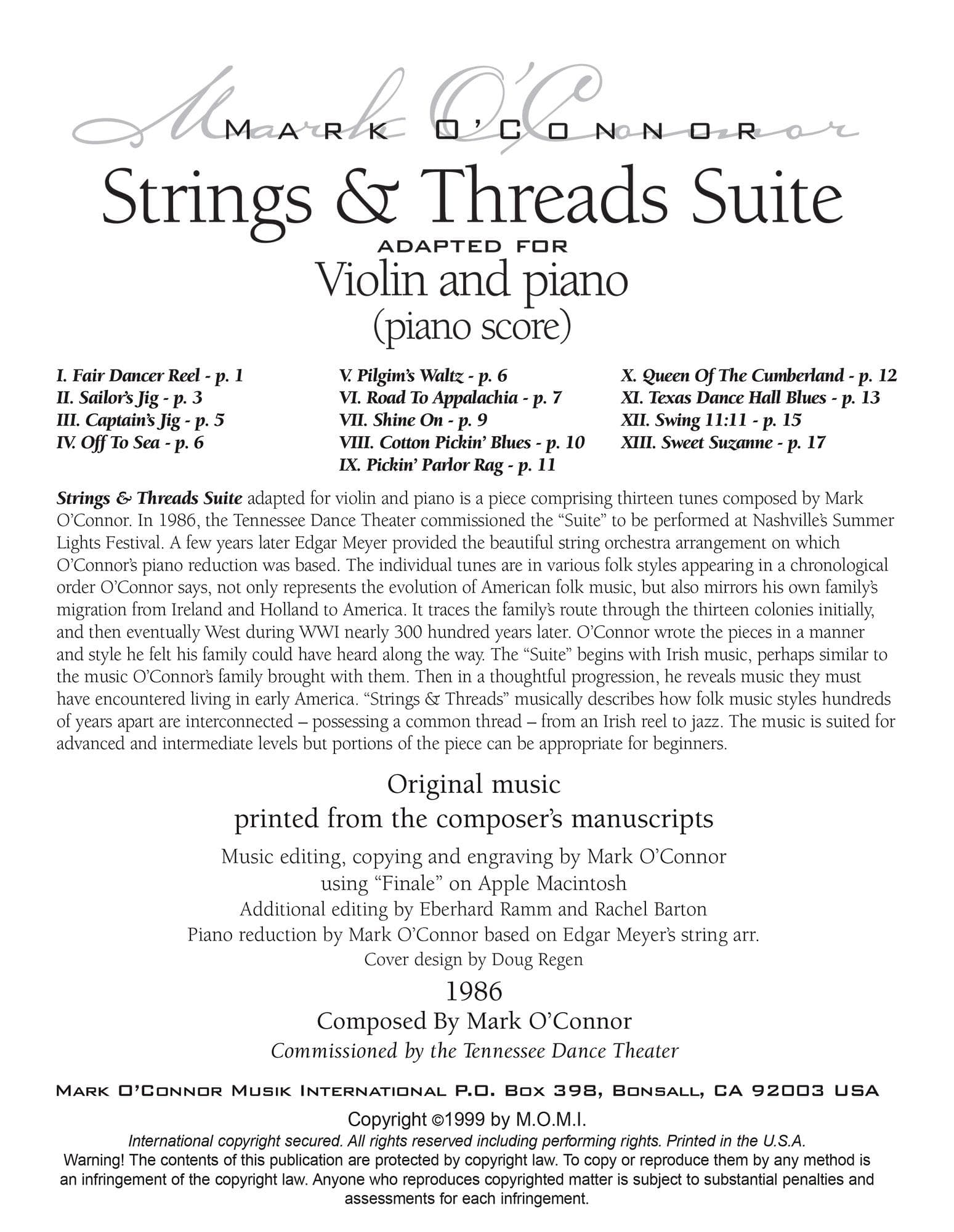 O'Connor, Mark - Strings & Threads Suite for Violin and Piano - Piano Score - Digital Download - Image 2