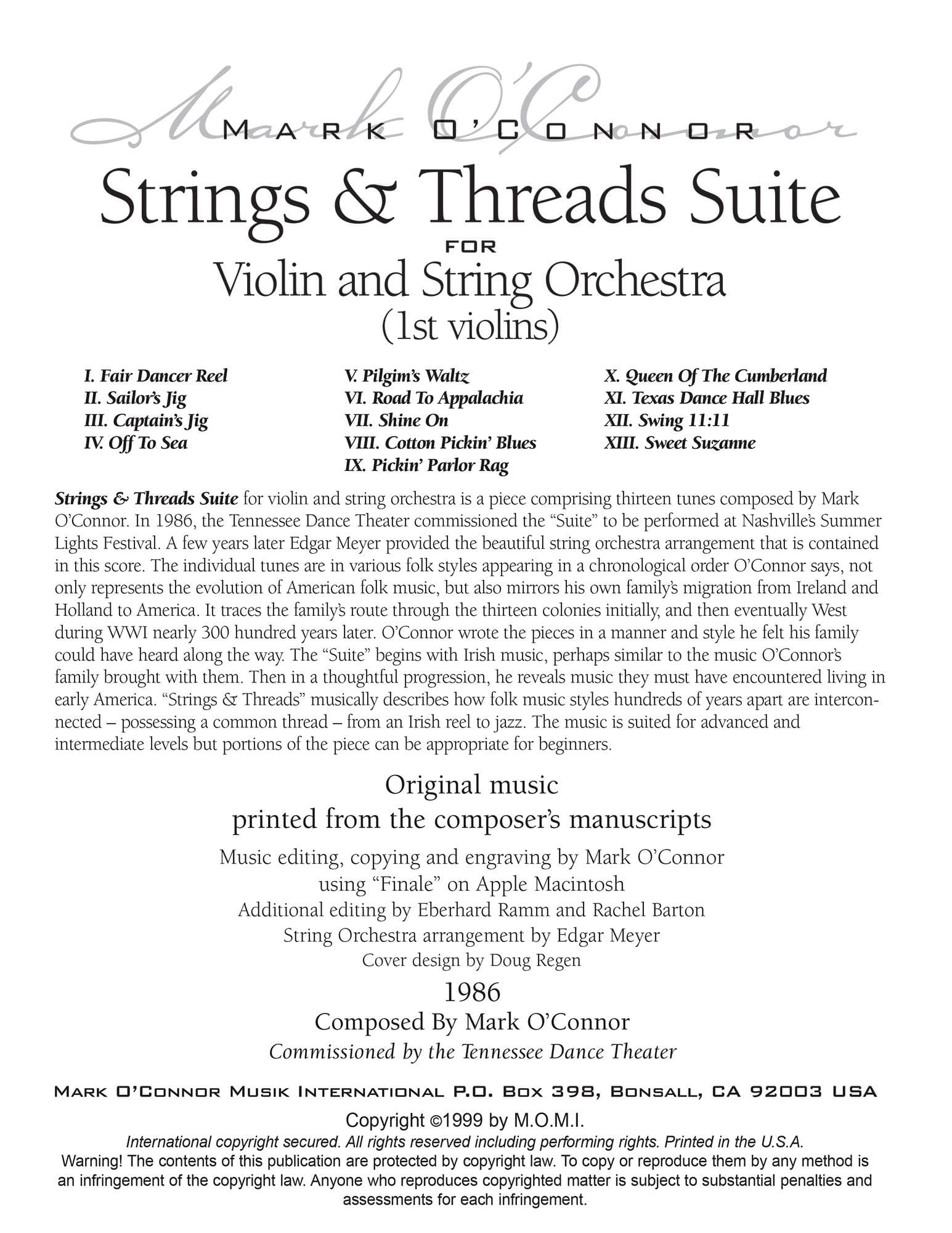 O'Connor, Mark - Strings & Threads Suite for Violin and String Orchestra - String Parts - Digital Download - Image 2
