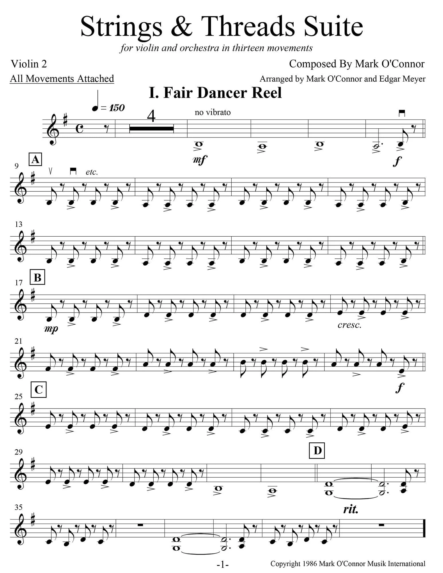 O'Connor, Mark - Strings & Threads Suite for Violin and String Orchestra - String Parts - Digital Download - Image 4