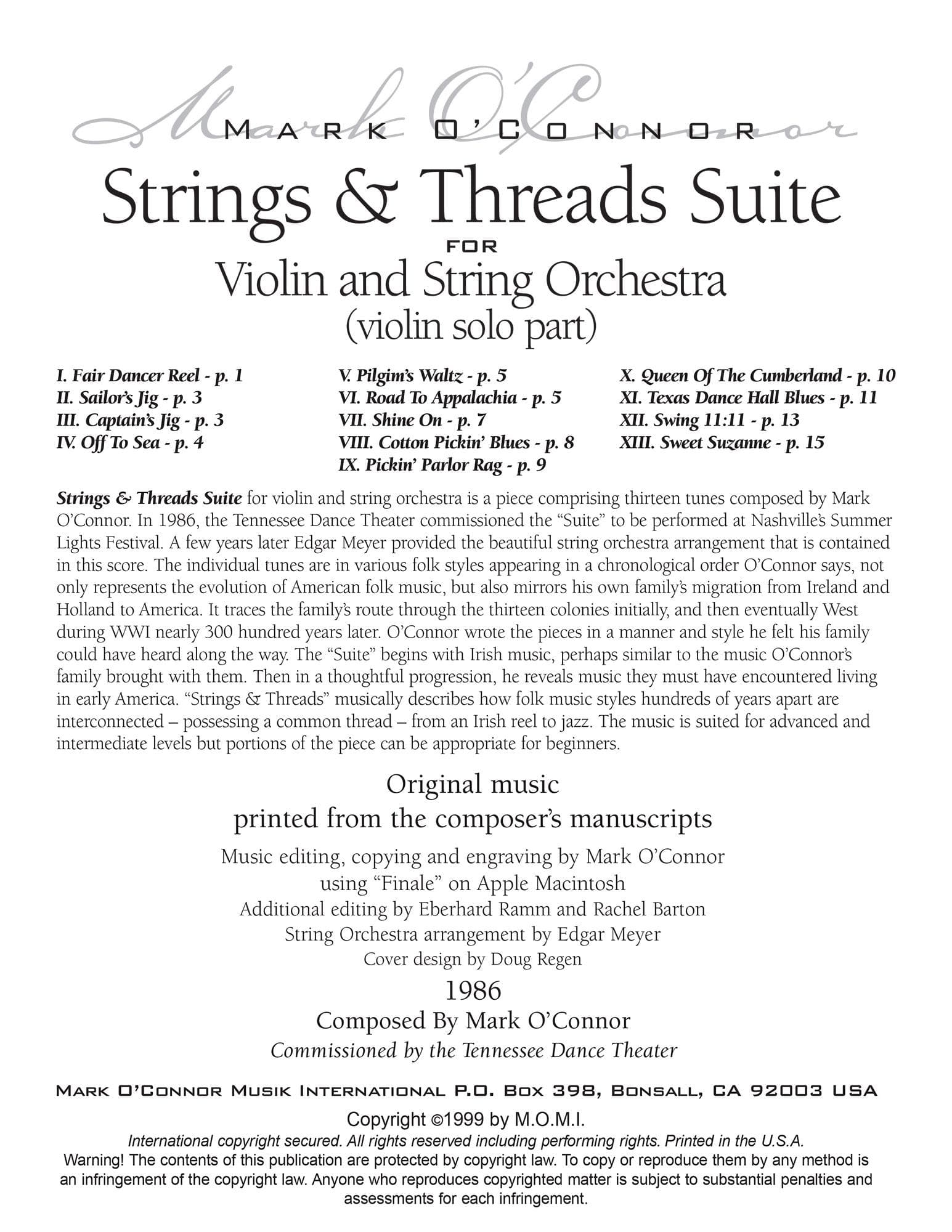 O'Connor, Mark - Strings & Threads Suite for Violin and String Orchestra - Violin Solo - Digital Download - Image 2
