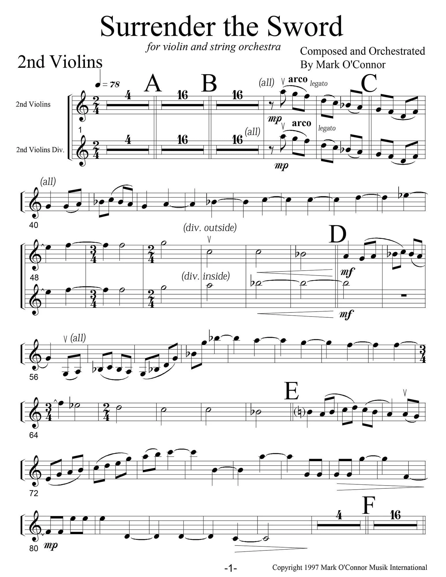 O'Connor, Mark - Surrender The Sword for Violin and String Orchestra - String Parts - Digital Download - Image 4