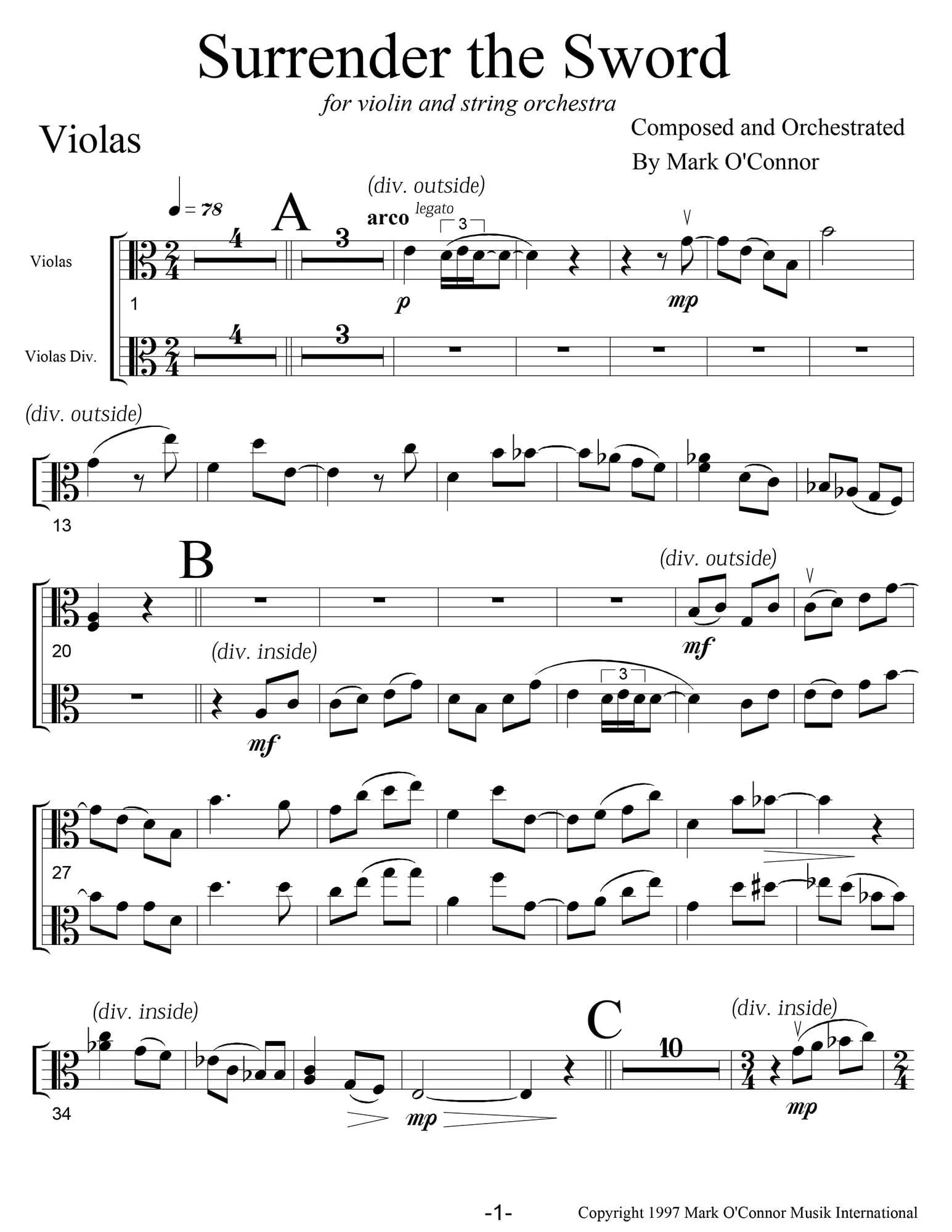 O'Connor, Mark - Surrender The Sword for Violin and String Orchestra - String Parts - Digital Download - Image 5