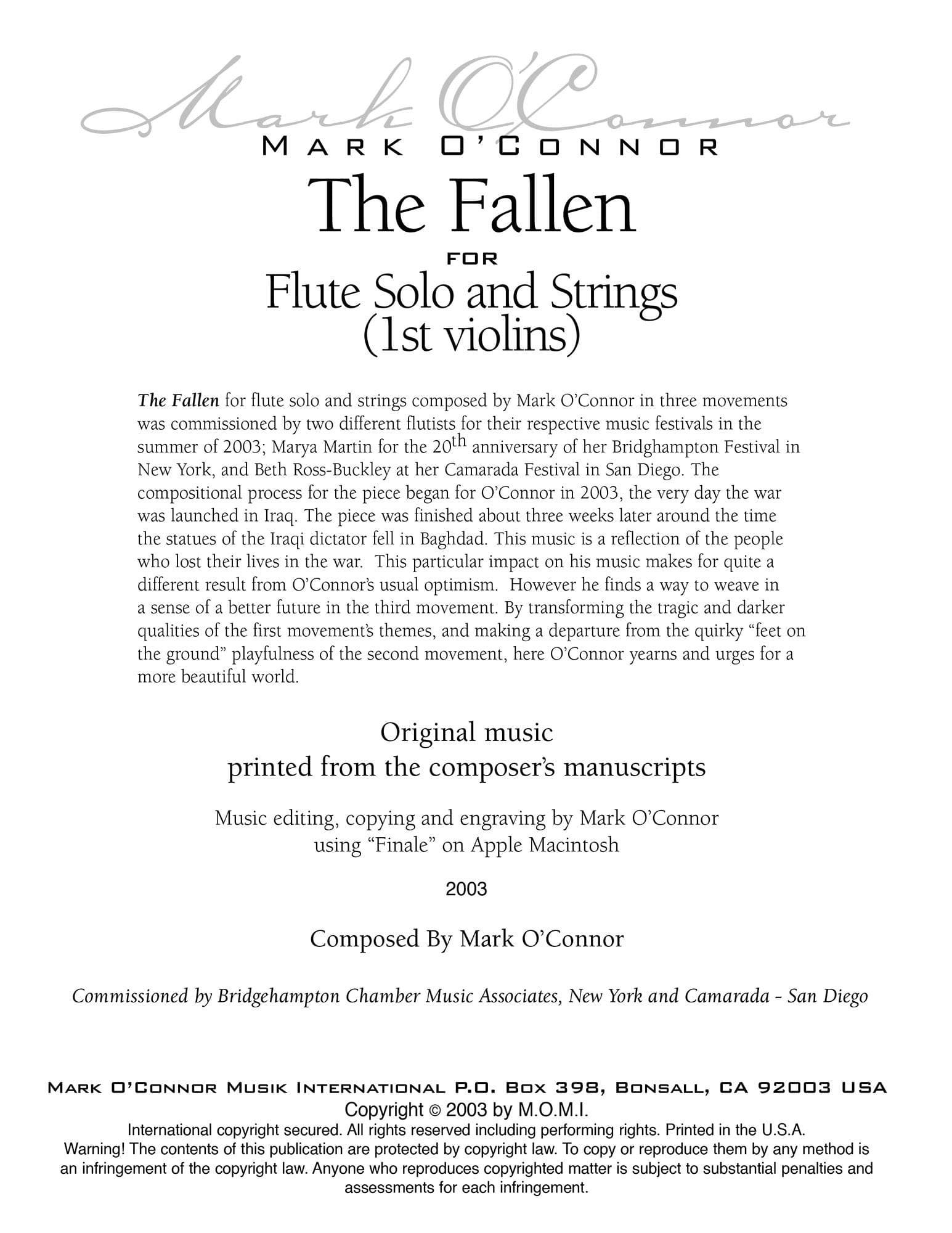 O'Connor, Mark - The Fallen for Flute and Strings - 1st Violins - Digital Download - Image 2