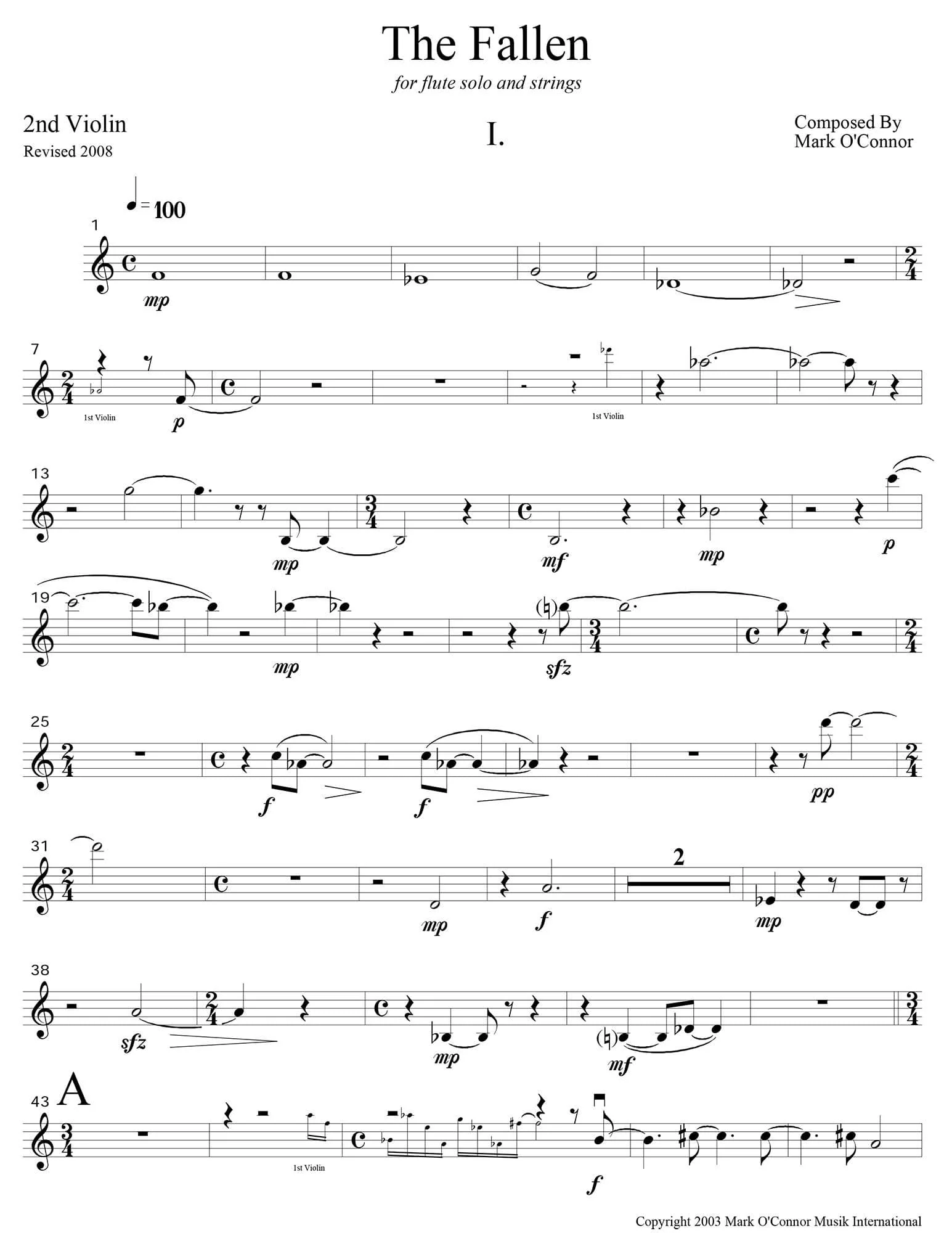 O'Connor, Mark - The Fallen for Flute and Strings - 2nd Violins - Digital Download - Image 3