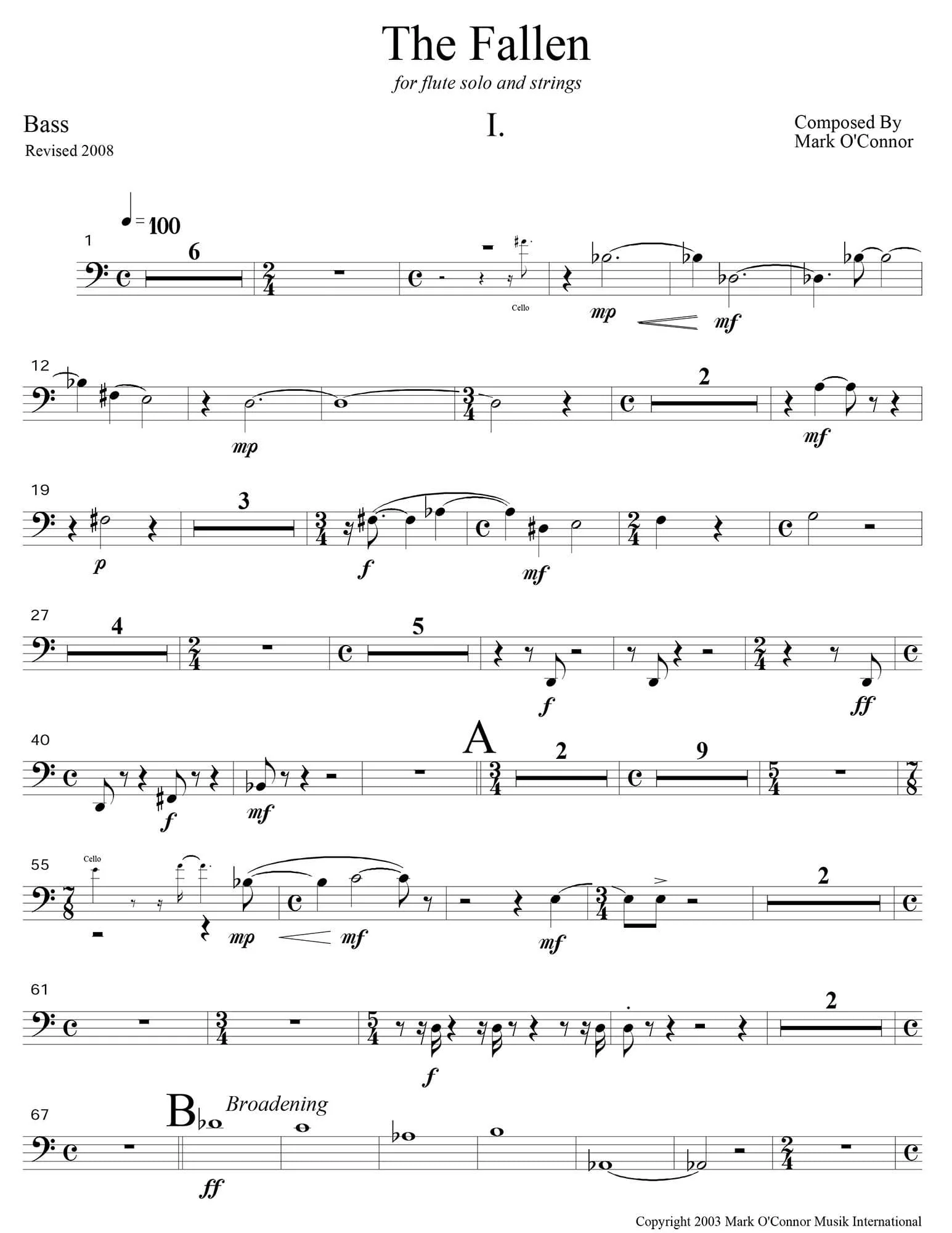 O'Connor, Mark - The Fallen for Flute and Strings - Basses - Digital Download - Image 3