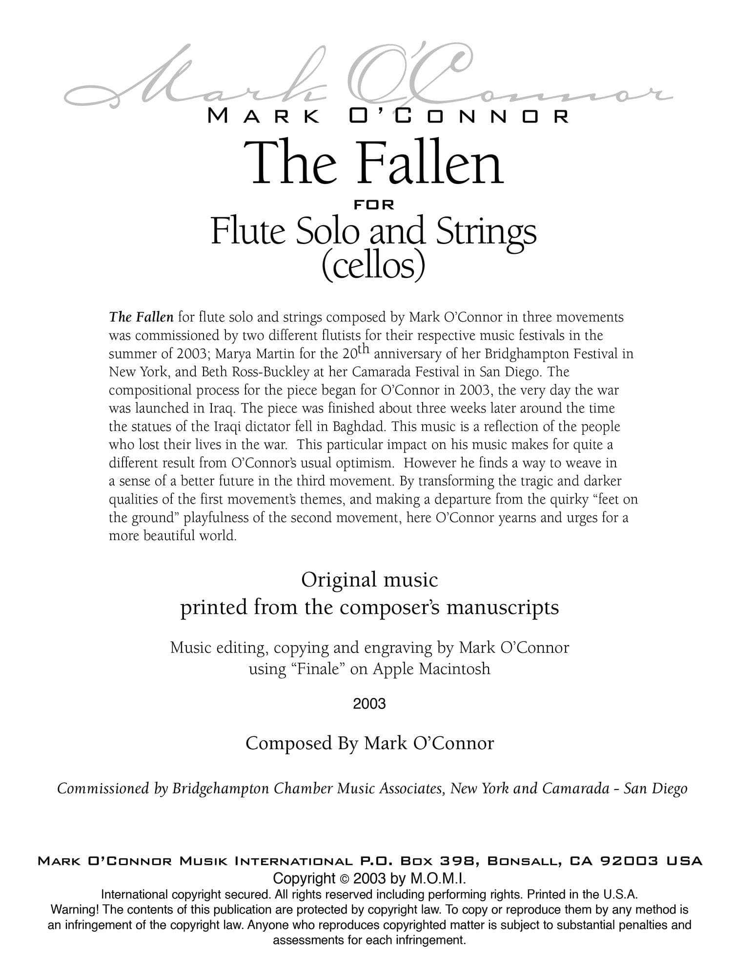 O'Connor, Mark - The Fallen for Flute and Strings - Cellos - Digital Download - Image 2