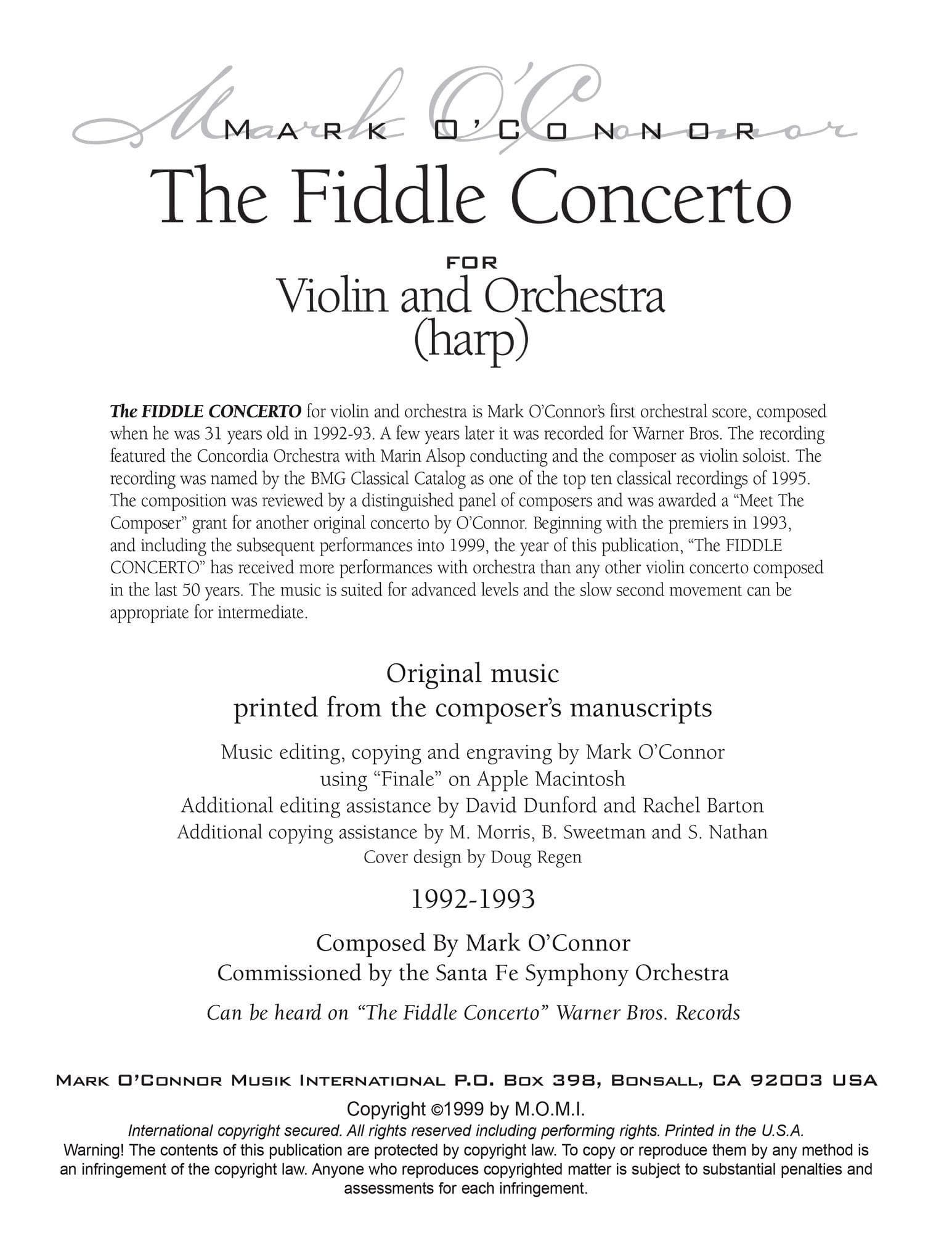 O'Connor, Mark - The FIDDLE CONCERTO for Violin and Orchestra - String Parts - Digital Download - Image 2
