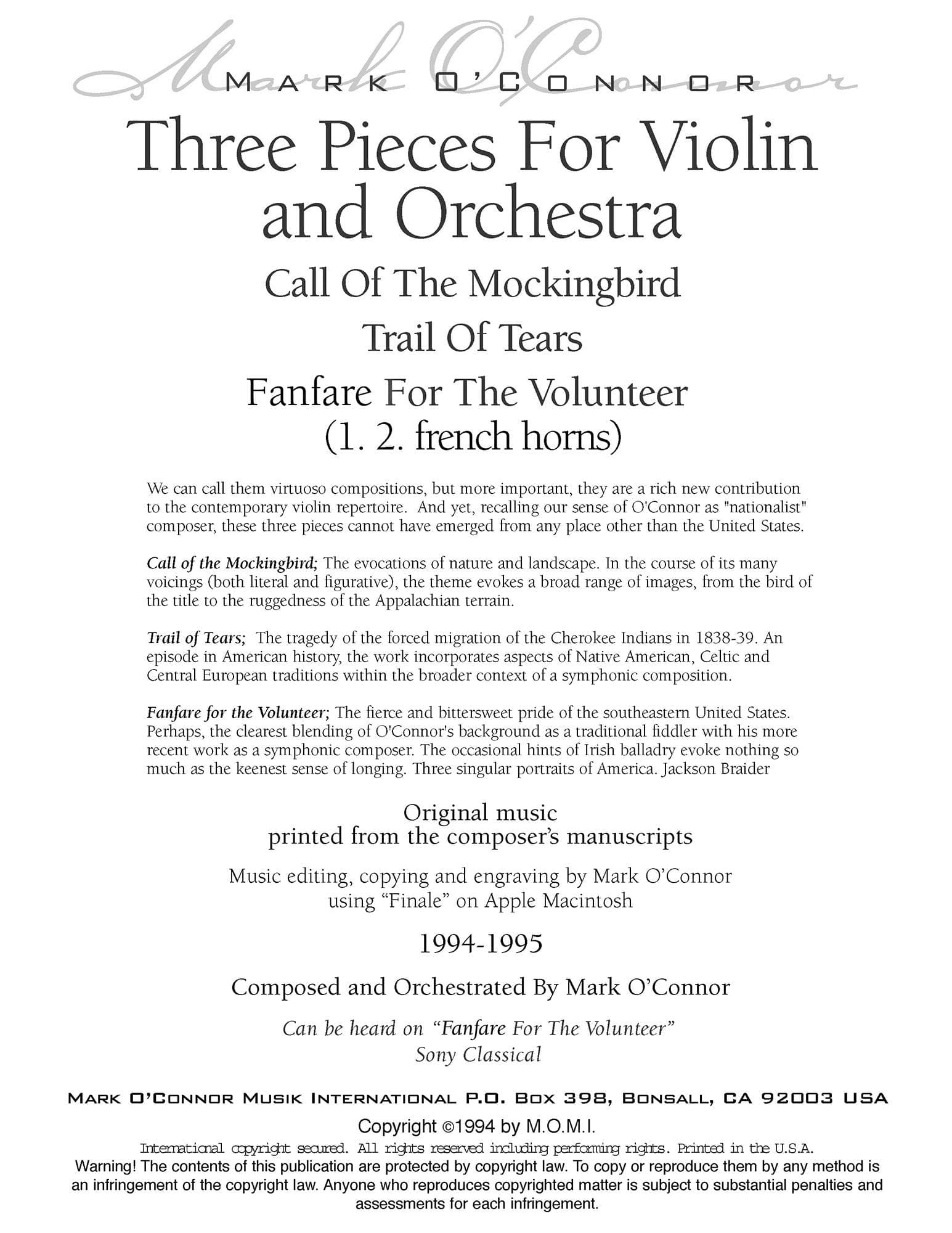 O'Connor, Mark - Three Pieces for Violin and Orchestra - Brass - Digital Download - Image 2