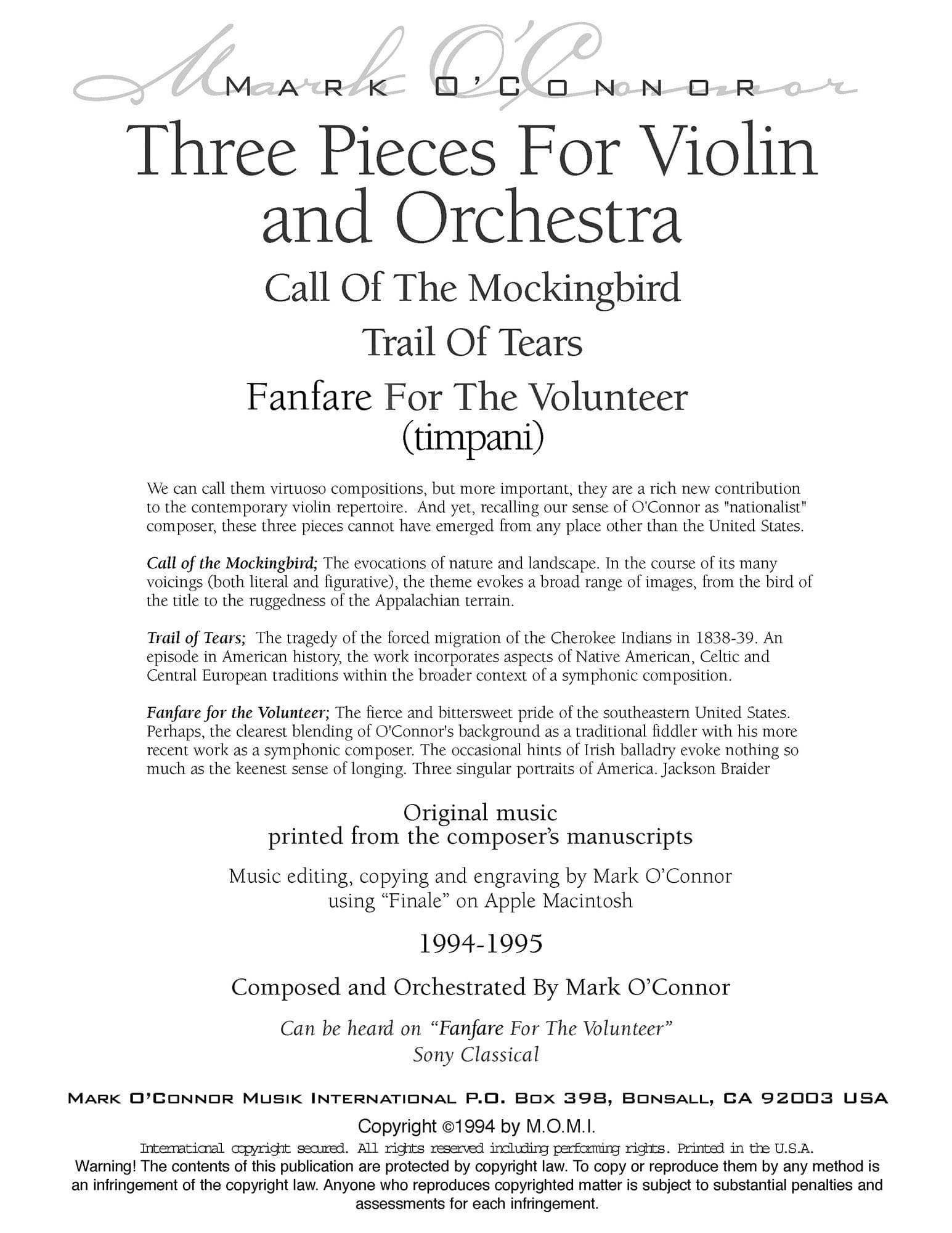O'Connor, Mark - Three Pieces for Violin and Orchestra - Percussion - Digital Download - Image 2