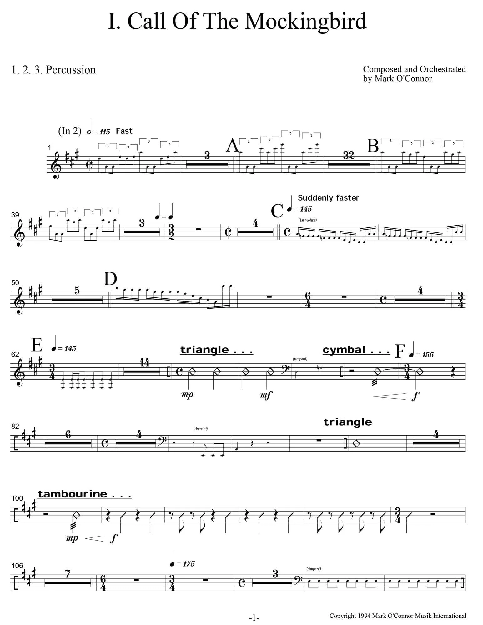 O'Connor, Mark - Three Pieces for Violin and Orchestra - Percussion - Digital Download - Image 4