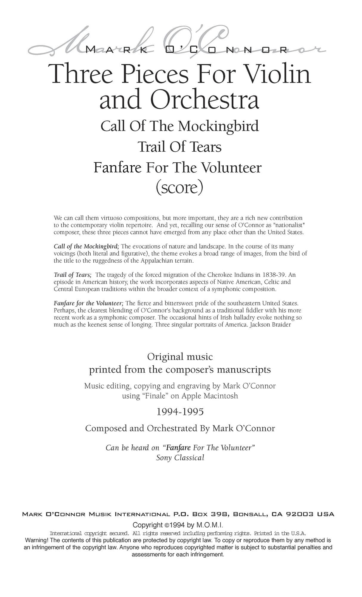 O'Connor, Mark - Three Pieces for Violin and Orchestra - Score - Digital Download - Image 2