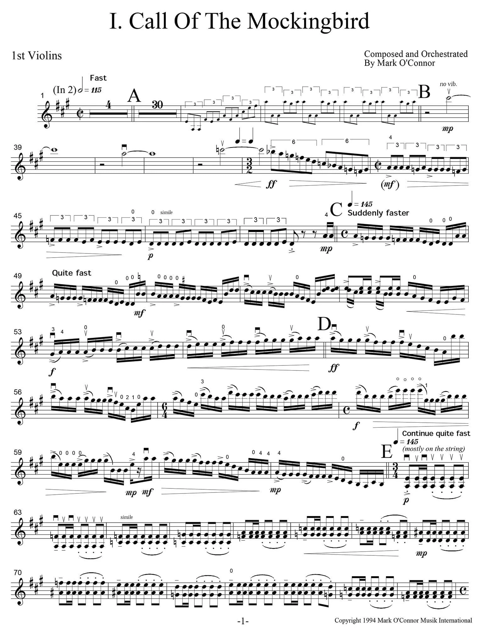 O'Connor, Mark - Three Pieces for Violin and Orchestra - String Parts - Digital Download - Image 3