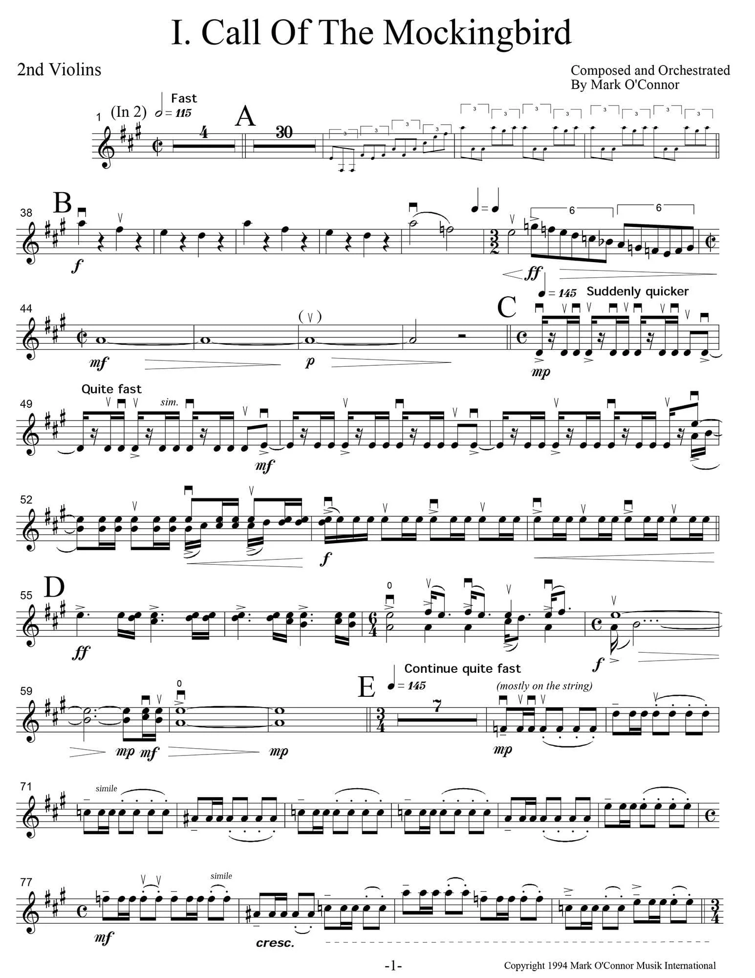 O'Connor, Mark - Three Pieces for Violin and Orchestra - String Parts - Digital Download - Image 4
