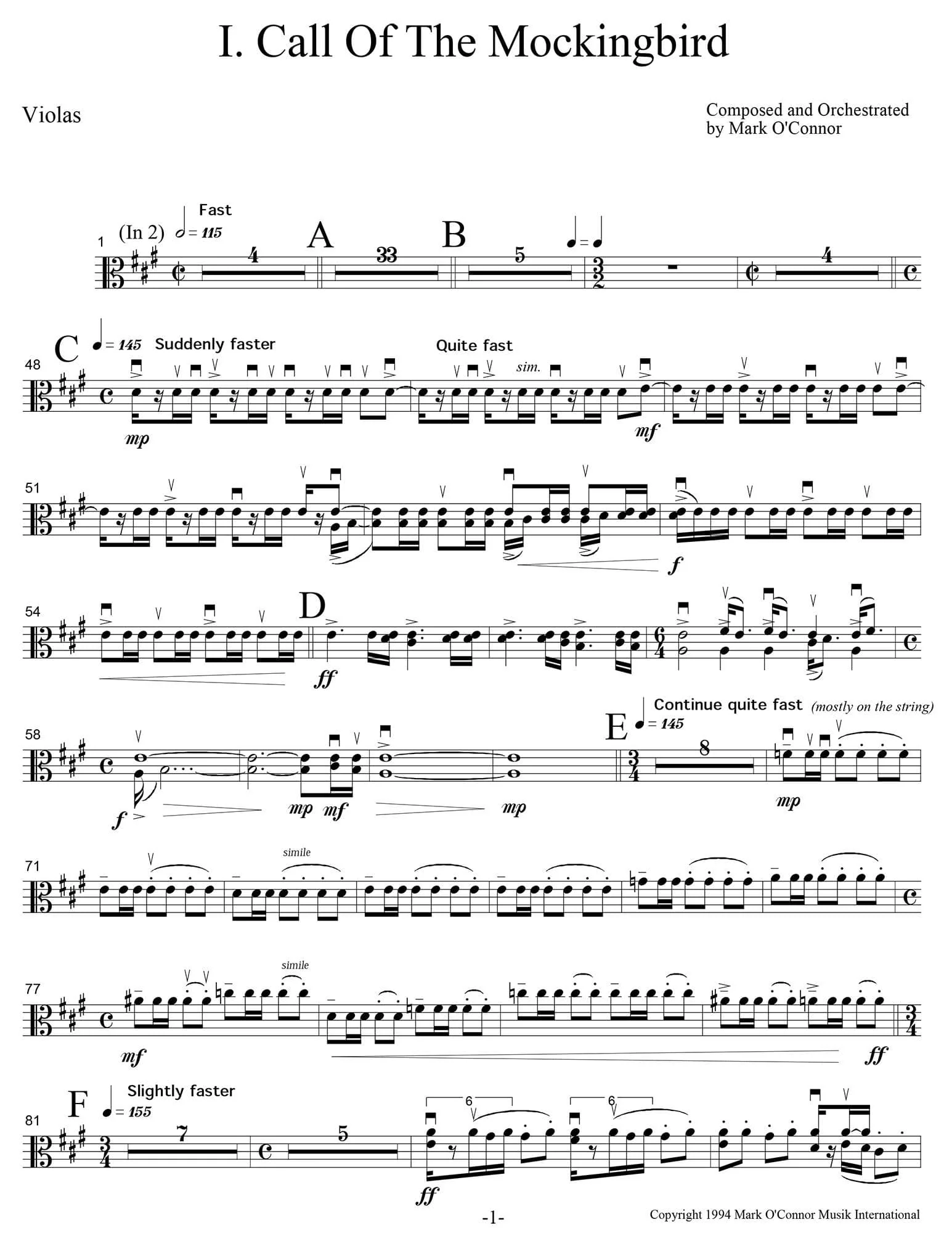 O'Connor, Mark - Three Pieces for Violin and Orchestra - String Parts - Digital Download - Image 5