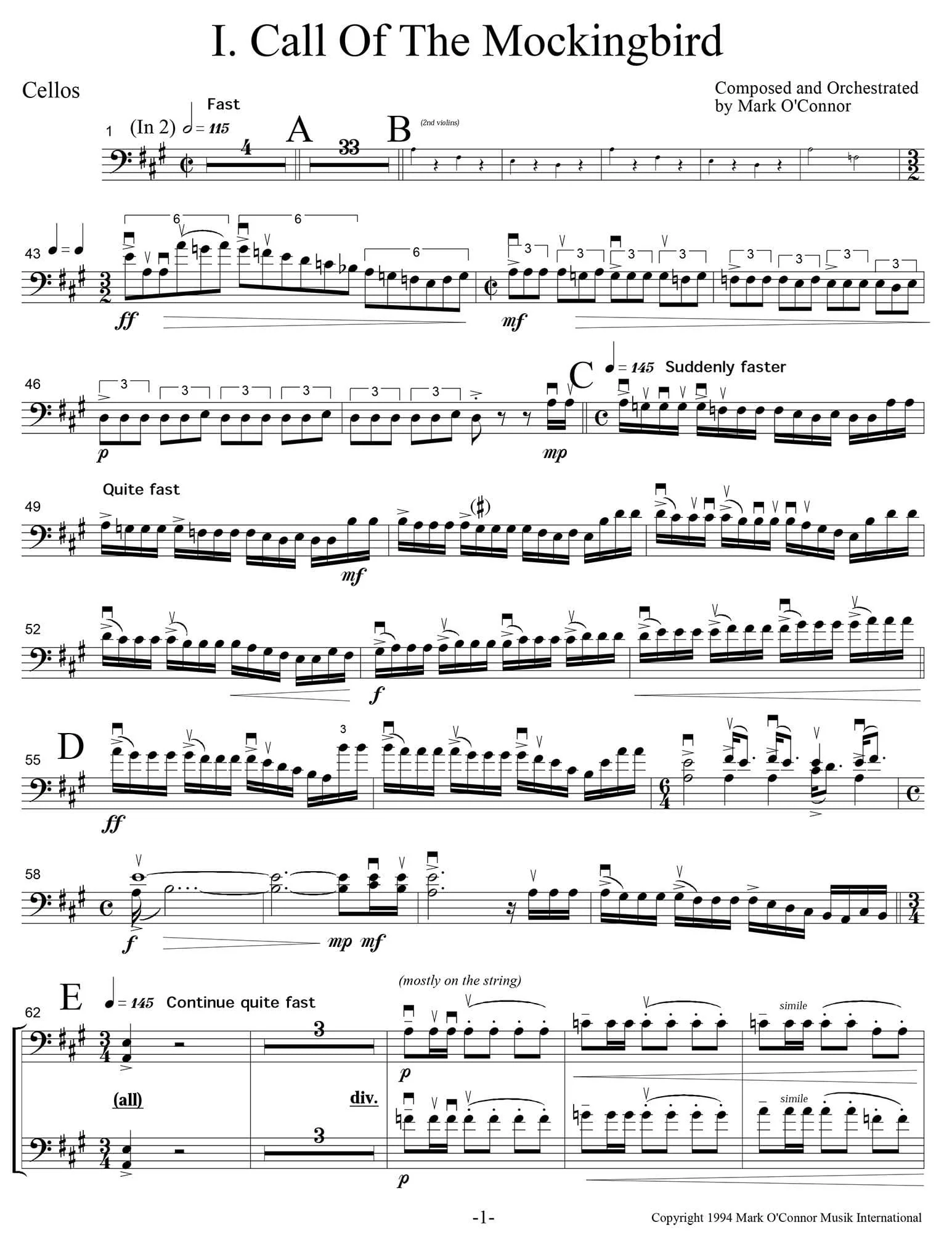 O'Connor, Mark - Three Pieces for Violin and Orchestra - String Parts - Digital Download - Image 7