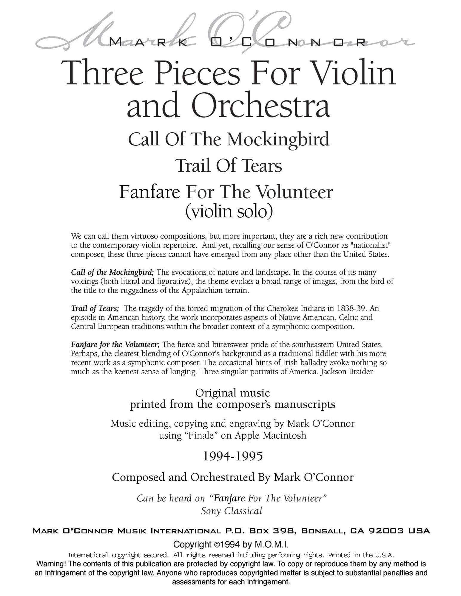 O'Connor, Mark - Three Pieces for Violin and Orchestra - Violin Solo - Digital Download - Image 2