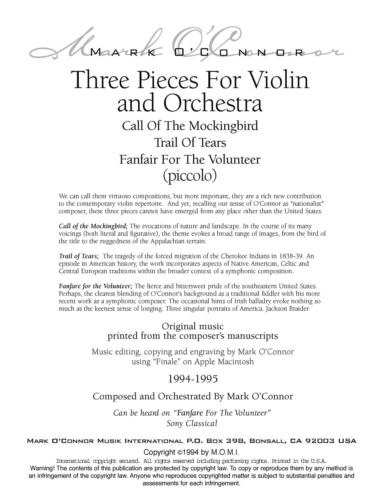 O'Connor, Mark - Three Pieces for Violin and Orchestra - Winds - Digital Download - Image 2