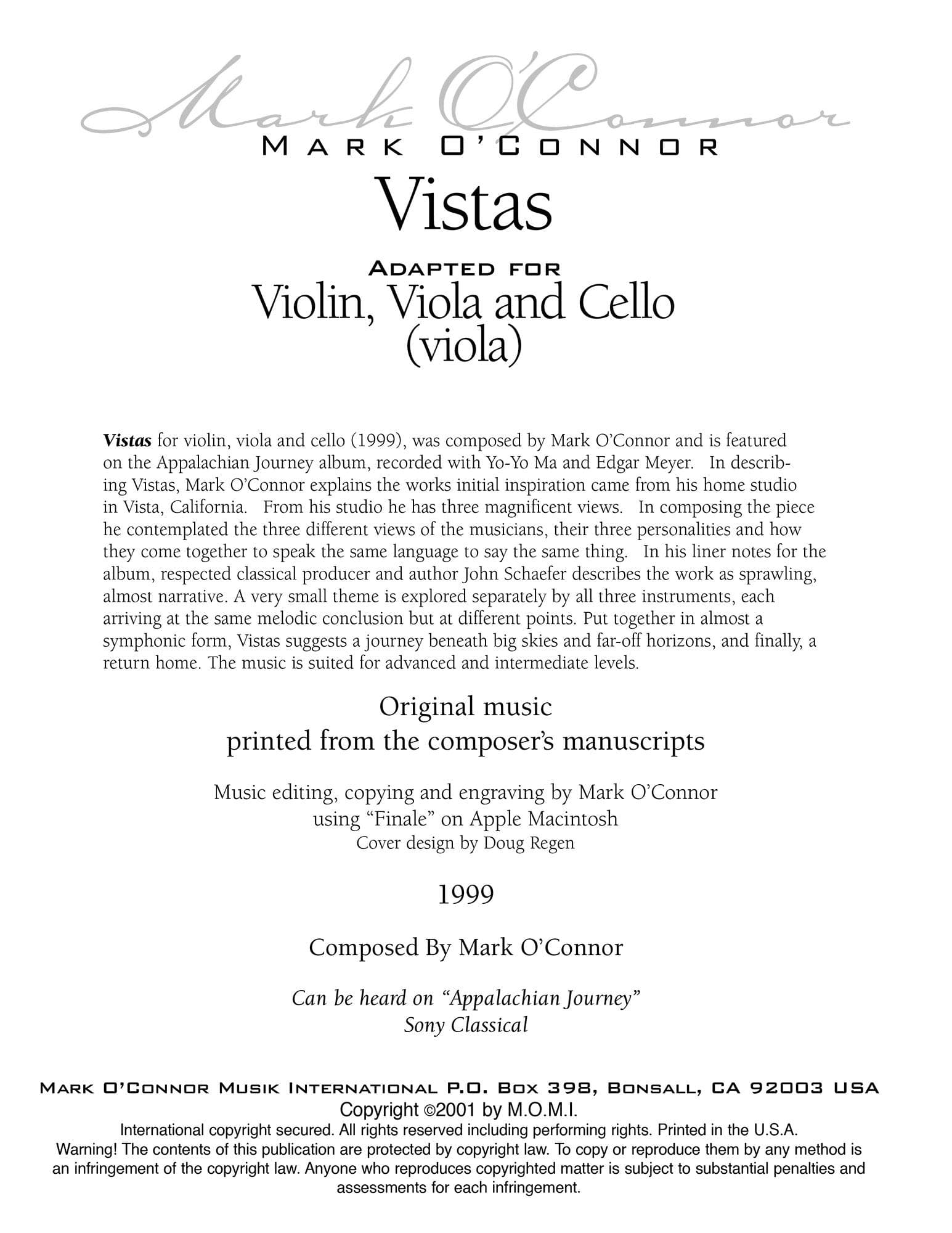 O'Connor, Mark - Vistas for Violin, Viola, and Cello - Viola - Digital Download - Image 2