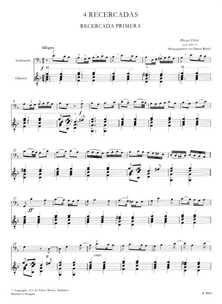Ortiz, Diego - Four Recercadas For Cello and Guitar Published by Editio Musica Budapest - Image 2