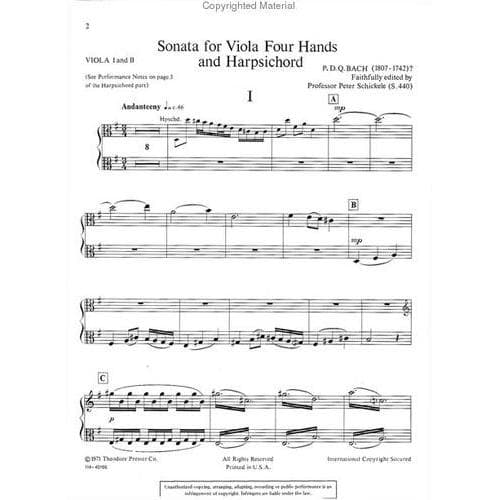 Bach, PDQ - Sonata for Viola Four Hands and Harpsichord - "edited" by Peter Schickele - Theodore Presser Publication - Image 2