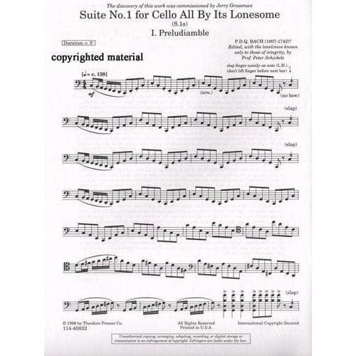 Bach, PDQ - Suite No 1 For Cello All By Its Lonesome - "edited" by Peter Schickele - Theodore Presser Company - Image 2