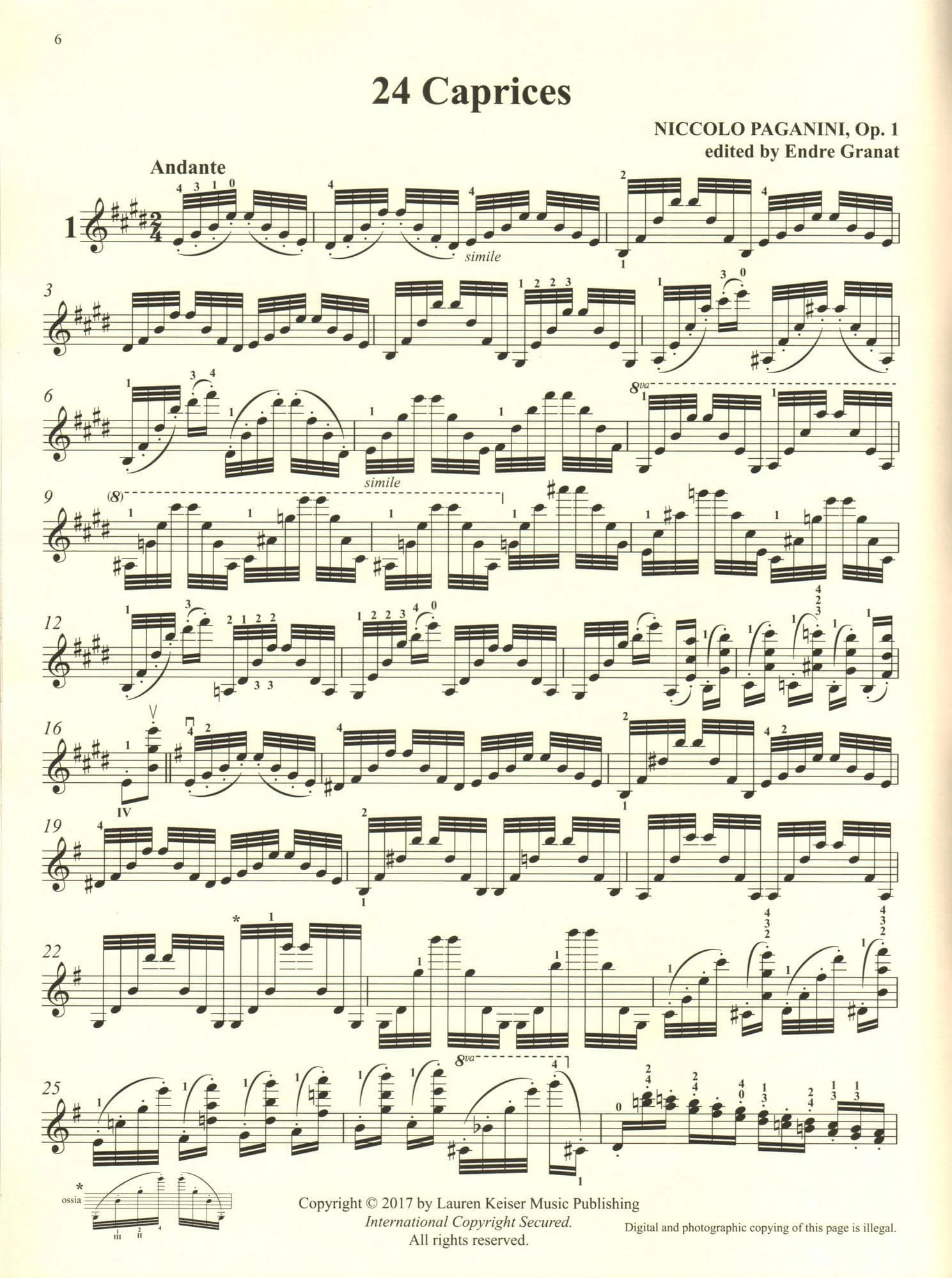 Paganini, Nicolo - 24 Caprices, Op. 1 - URTEXT Edition by Endre Granat - Keiser Publications - Heifetz Collection - Image 5