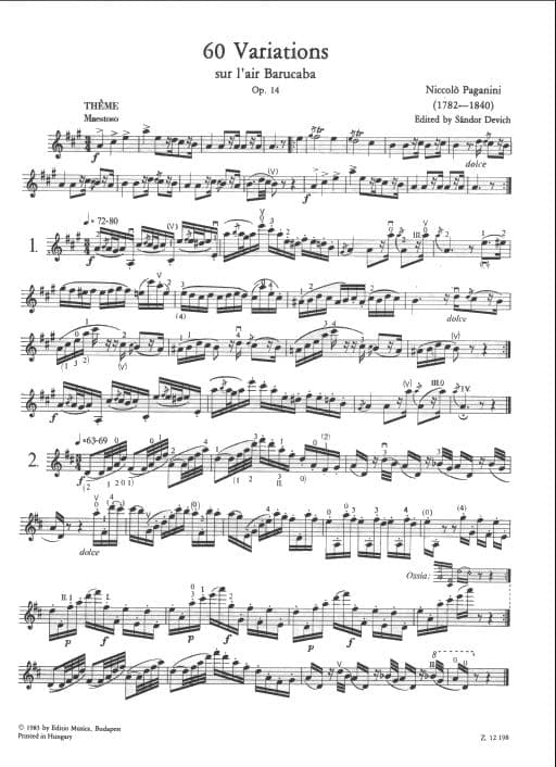 Paganini, Nicolo -  60 Variations on "Barucaba" for Violin, op 14 (Complete) - Solo Violin - edited by D Sandor - Edito Musica Budapest - Image 2