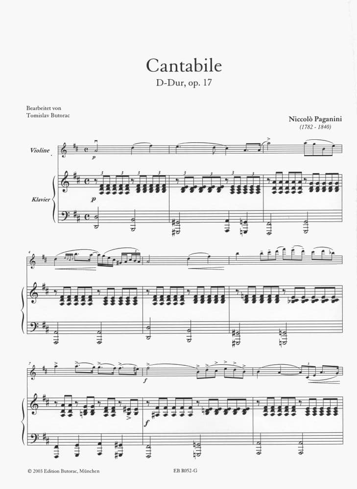 Paganini, Niccolò - Cantabile in D Major, Op 17 - Violin and Piano - edited by Tomislav Butorac - Ice-Land Music - Image 2