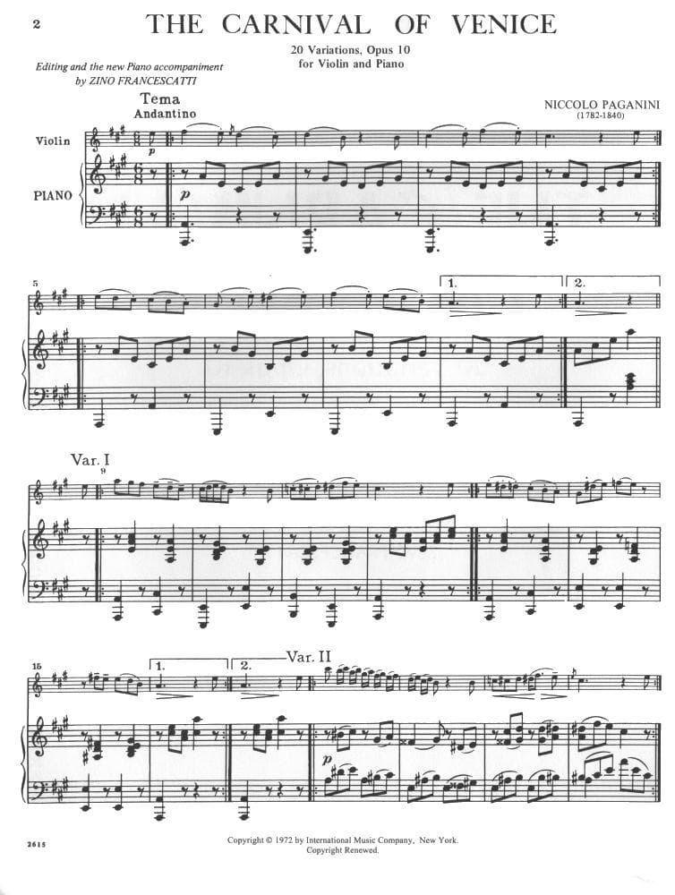 Paganini, Niccolo - The Carnival of Venice, Op10 (20 Variations) -  for Violin and Piano - edited by Zino Francescatti - International Music Company - Image 2