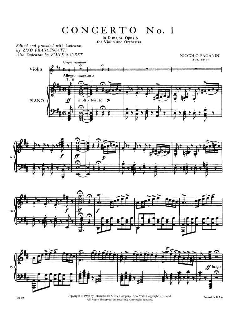 Paganini, Niccolo - Concerto No 1 in D Major, Op 6 - for Violin and Piano - edited by Zino Francescatti - International Music Company - Image 2