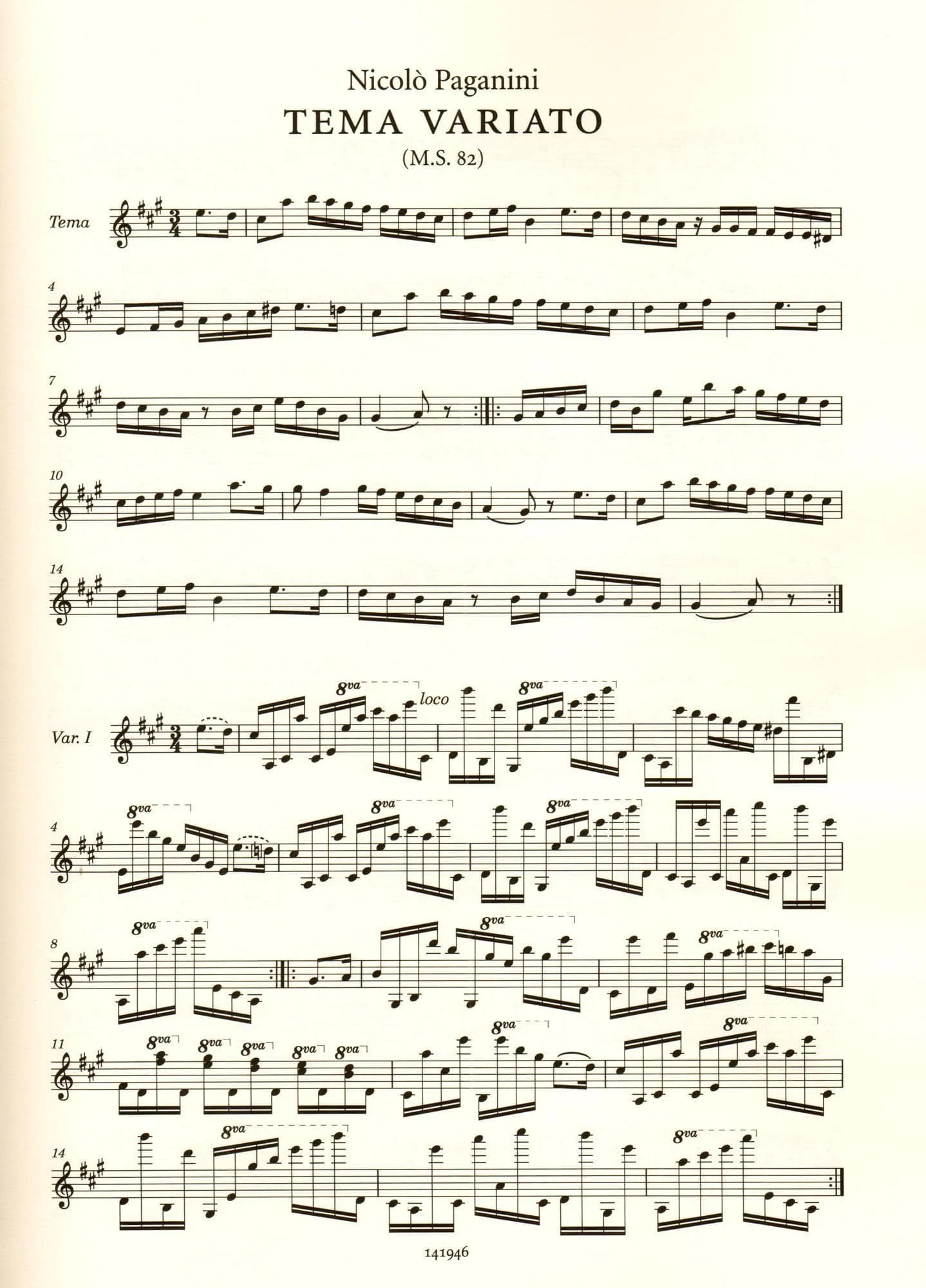 Paganini, Niccolo - Tema Variato, M.S. 82 - for Solo Violin - Ricordi Edition - Image 3
