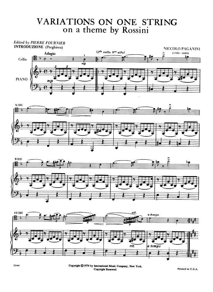 Paganini, Niccolò - Variations on One String on a Theme by Rossini ("Moses") - Cello and Piano - edited by Pierre Fournier - Published by International Music Company - Image 3