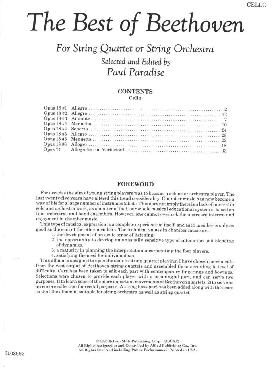 Beethoven, Ludwig - The Best of Beethoven - for String Quartet or String Orchestra - Cello part - edited by Paul Paradise - Belwin-Mills Publishing - Image 2