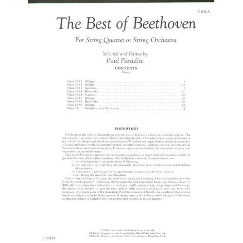 Beethoven, Ludwig - The Best of Beethoven - for String Quartet or String Orchestra - Viola part - edited by Paul Paradise - Belwin-Mills Publishing - Image 2