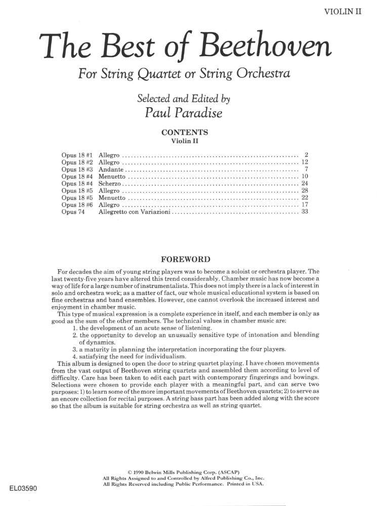 Beethoven, Ludwig - The Best of Beethoven - for String Quartet or String Orchestra - Violin 2 part - edited by Paul Paradise - Belwin-Mills Publishing - Image 2