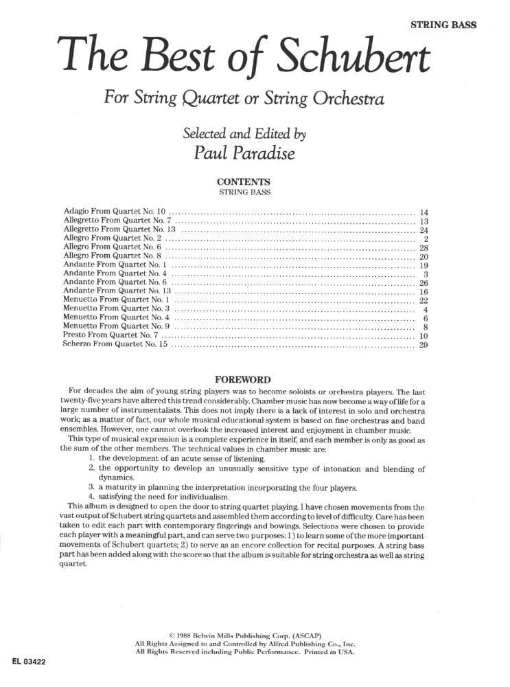 Schubert, Franz - The Best of Schubert - for String Quartet or String Orchestra - Bass part - edited by Paul Paradise - Belwin-Mills Publishing - Image 2