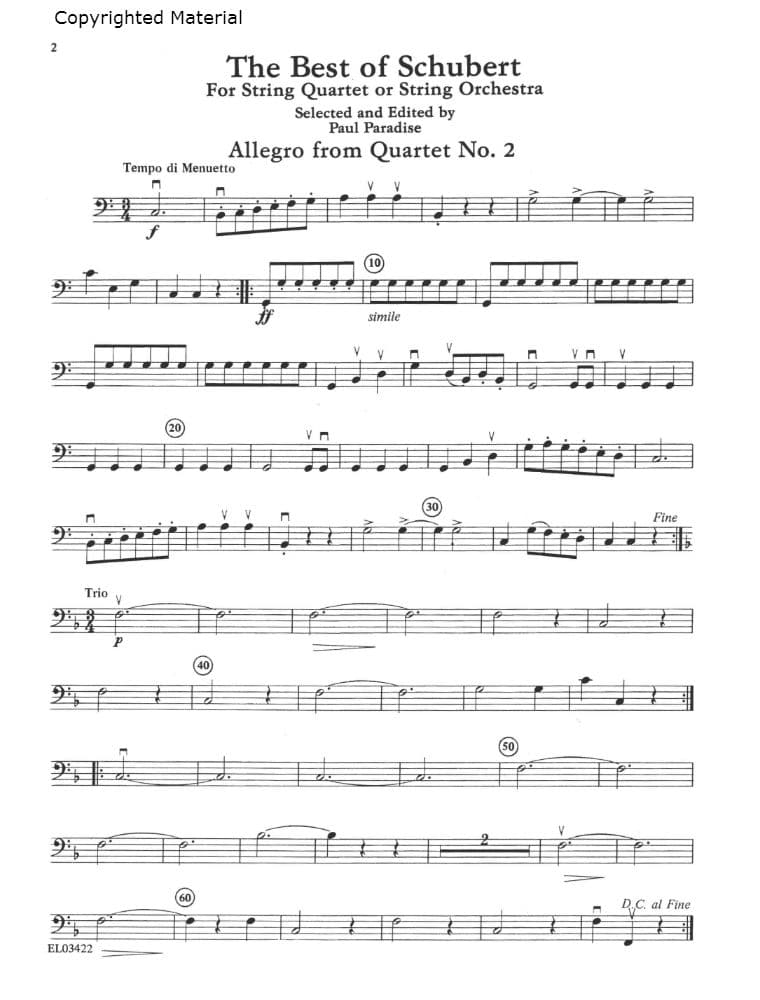 Schubert, Franz - The Best of Schubert - for String Quartet or String Orchestra - Bass part - edited by Paul Paradise - Belwin-Mills Publishing - Image 3