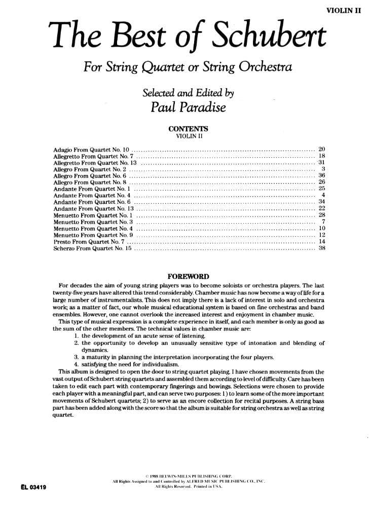 Schubert, Franz - The Best of Schubert - for String Quartet or String Orchestra - Violin 2 part - edited by Paul Paradise - Belwin-Mills Publishing - Image 2
