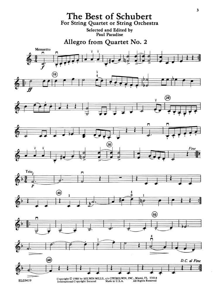 Schubert, Franz - The Best of Schubert - for String Quartet or String Orchestra - Violin 2 part - edited by Paul Paradise - Belwin-Mills Publishing - Image 3