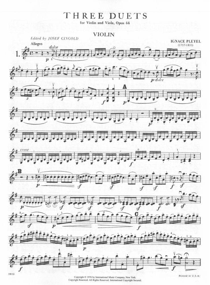 Pleyel, Ignace Joseph - Three Duets, Op 44, B 529-531 - Violin and Viola - edited by Josef Gingold - International Music Company - Image 3