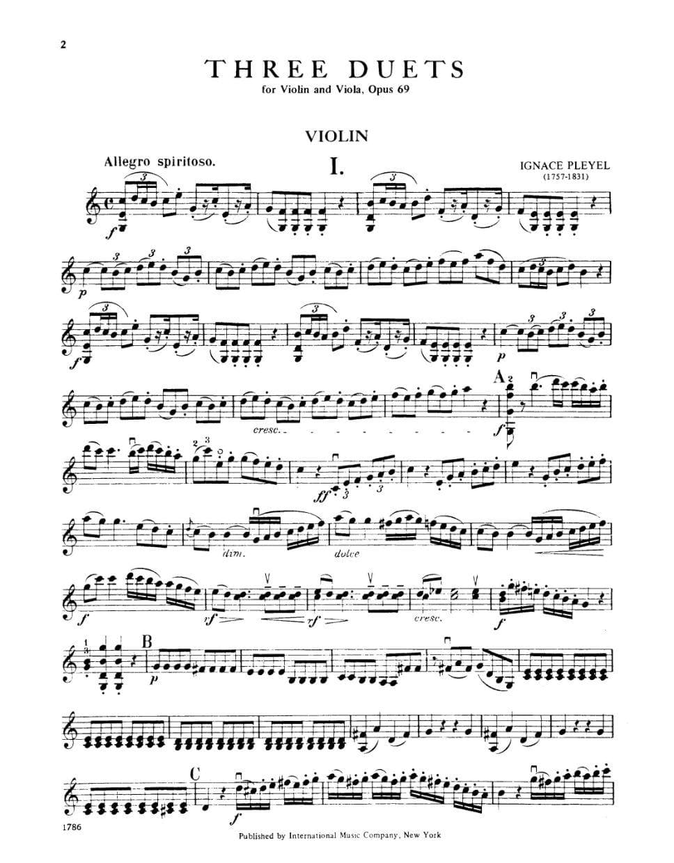 Pleyel, Ignace Joseph - Three Duets Op 69 B 526-528 For Violin and Viola Published by International Music Company - Image 2