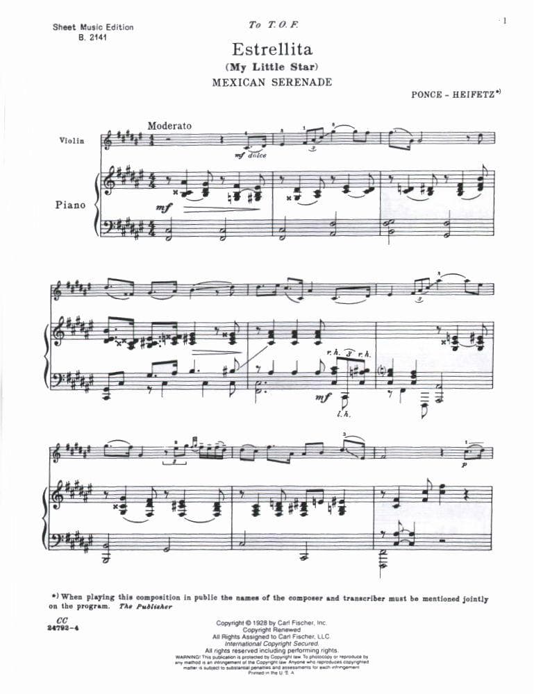 Ponce, M - Estrellita (My Little Star) - for Violin and Piano - arranged by Jascha Heifetz - Carl Fischer - Image 2