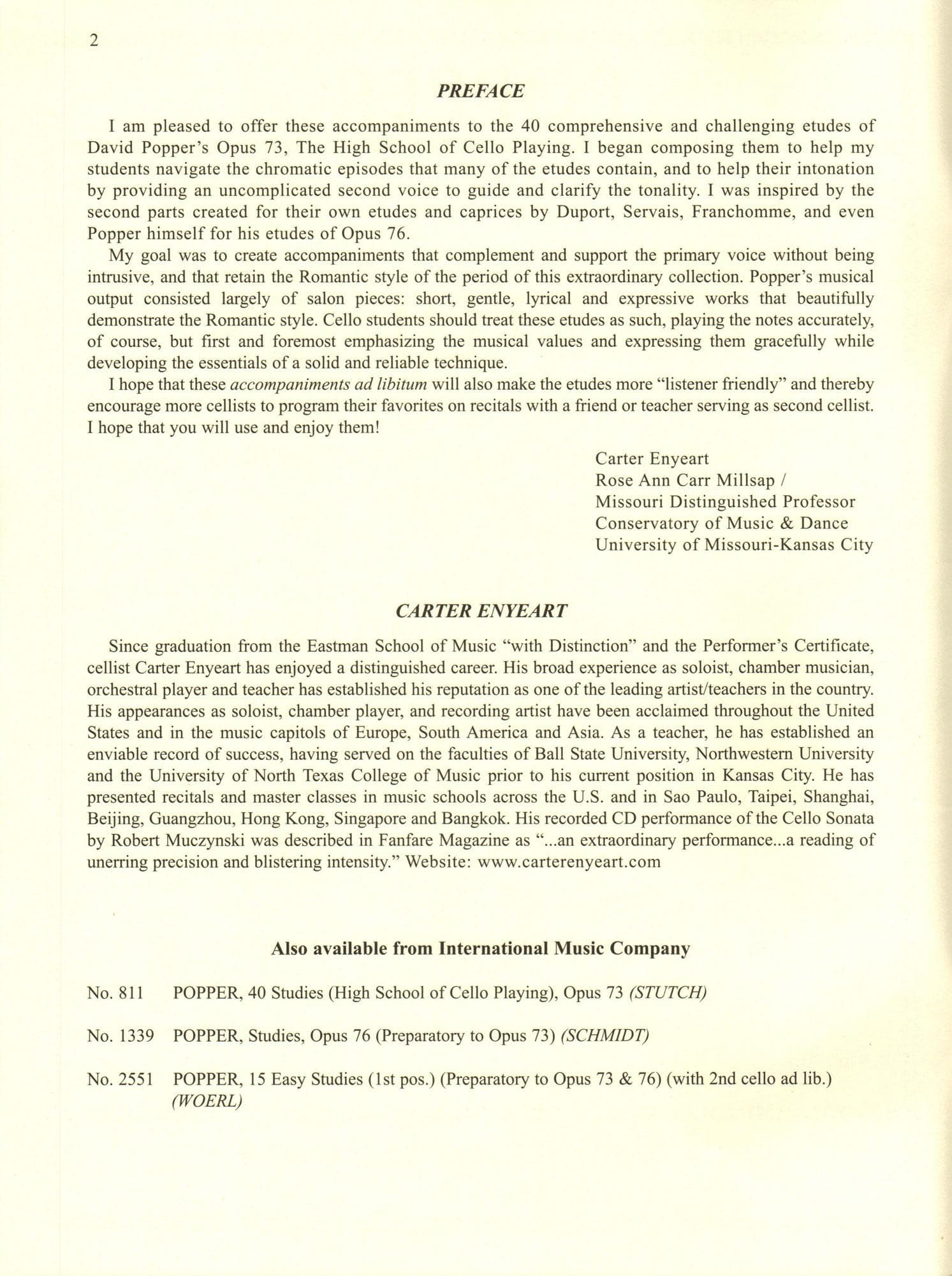 Enyeart, Carter - Cello Accompaniment - to 40 Studies from High School of Cello Playing by Popper - International - Image 2