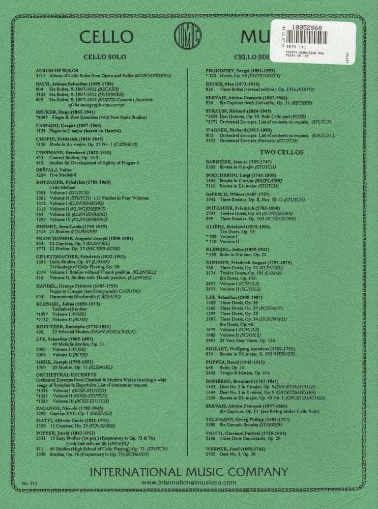 Popper, David - Hungarian Rhapsody Op 68 - for Cello and Piano - edited by Leonard Rose - International Music Company - Image 3
