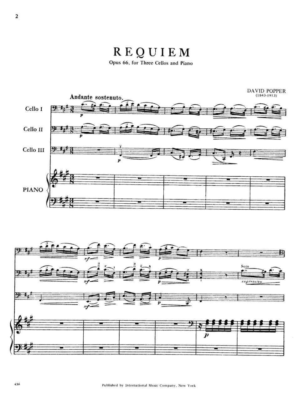 Popper, David - Requiem Op 66 For Three Cellos and Piano Published by International Music Company - Image 2