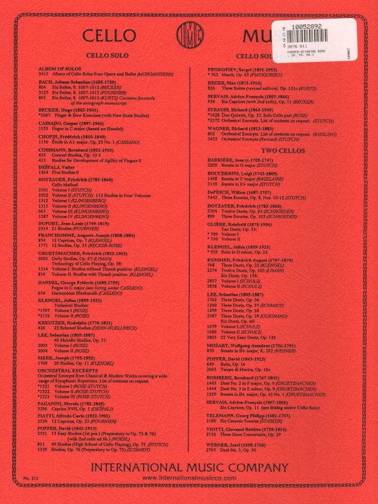 Popper, David - Spinning Song, Op 55, No1 - for Cello and Piano - International Music Co - Image 3