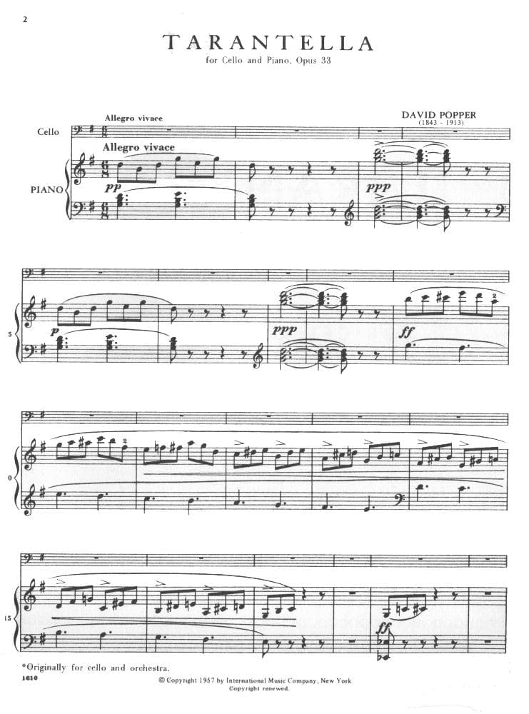 Popper, David - Tarantella Op 33 for Cello and Piano - edited by Leonard Rose - International Music Co - Image 2